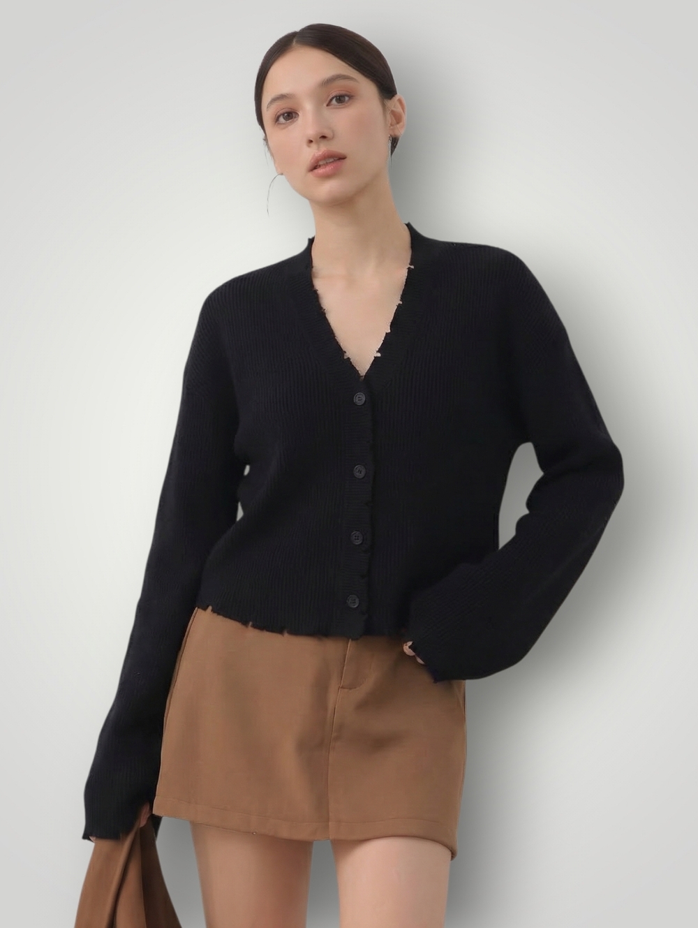 525 America Black Cotton Cardigan‎ Medium Bell Sleeve Raw Edge Frayed Trim New